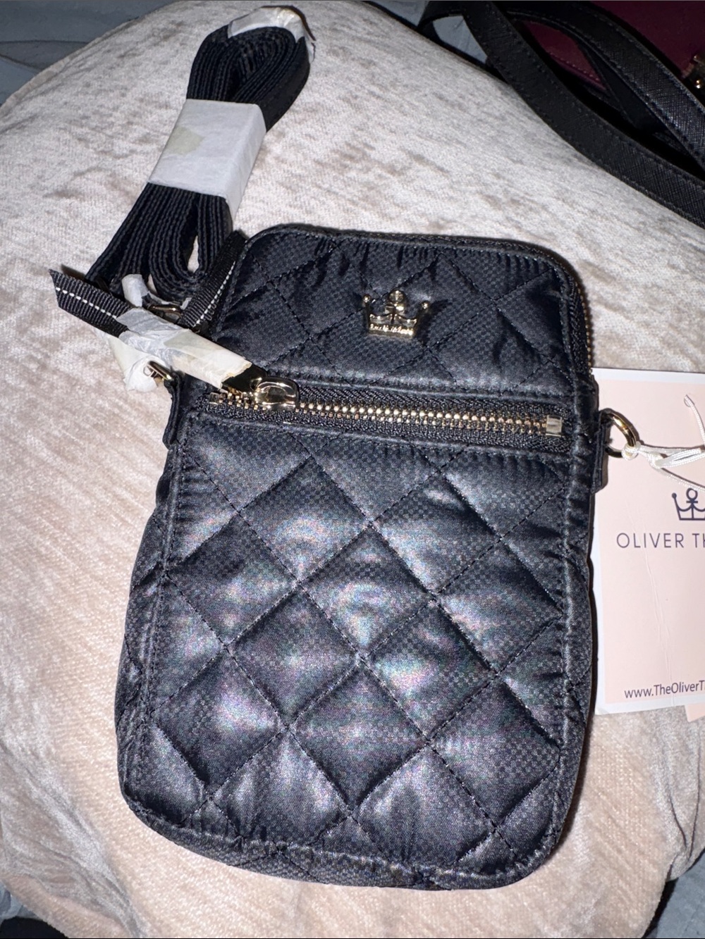 Oliver Thomas Black Quilted Crossbody Phone Pouch with Gold Hardware